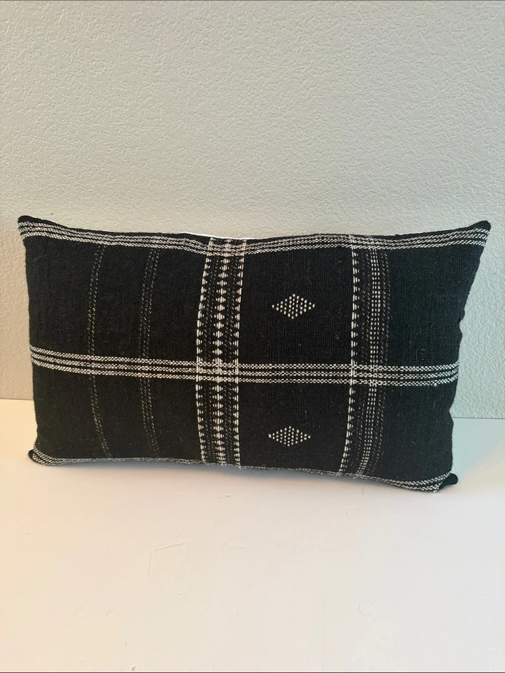 Handwoven Black Decorative Lumbar Wool Pillow Pair White Accents Linen Backing